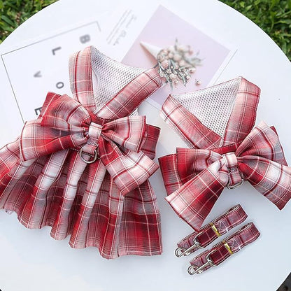 pet products Dog Dress Bowknot Harness Leash Set for Small Dogs Girl Cute Plaid Dog Dress Pearls Bow Tie Spring Summer Princess Clothes Birthday Holiday Doggie Outfits for Puppy Cats Girl Apparel - Factory Direct Shop