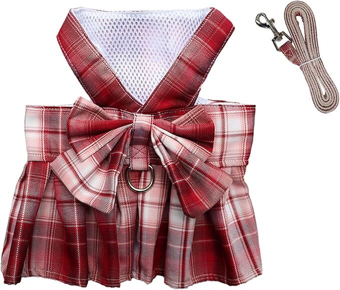 pet products Dog Dress Bowknot Harness Leash Set for Small Dogs Girl Cute Plaid Dog Dress Pearls Bow Tie Spring Summer Princess Clothes Birthday Holiday Doggie Outfits for Puppy Cats Girl Apparel - Factory Direct Shop