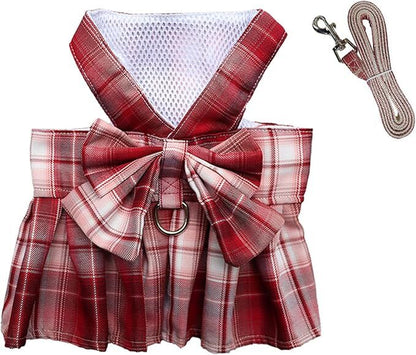 pet products Dog Dress Bowknot Harness Leash Set for Small Dogs Girl Cute Plaid Dog Dress Pearls Bow Tie Spring Summer Princess Clothes Birthday Holiday Doggie Outfits for Puppy Cats Girl Apparel - Factory Direct Shop