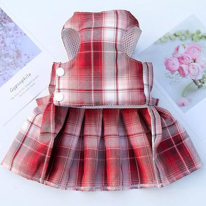 pet products Dog Dress Bowknot Harness Leash Set for Small Dogs Girl Cute Plaid Dog Dress Pearls Bow Tie Spring Summer Princess Clothes Birthday Holiday Doggie Outfits for Puppy Cats Girl Apparel - Factory Direct Shop