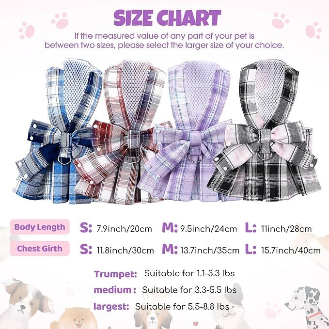 pet products Dog Dress Bowknot Harness Leash Set for Small Dogs Girl Cute Plaid Dog Dress Pearls Bow Tie Spring Summer Princess Clothes Birthday Holiday Doggie Outfits for Puppy Cats Girl Apparel - Factory Direct Shop