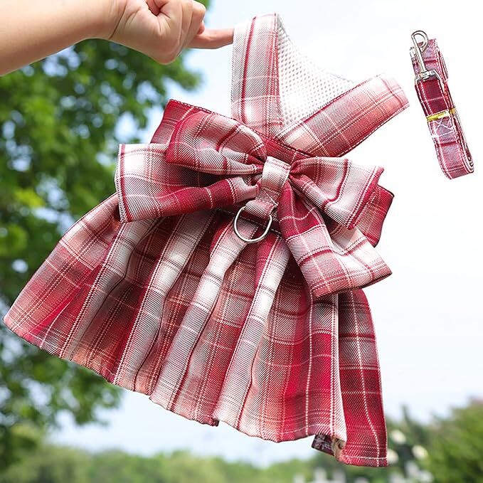 pet products Dog Dress Bowknot Harness Leash Set for Small Dogs Girl Cute Plaid Dog Dress Pearls Bow Tie Spring Summer Princess Clothes Birthday Holiday Doggie Outfits for Puppy Cats Girl Apparel - Factory Direct Shop