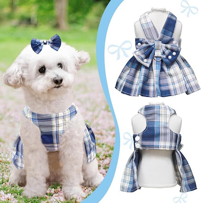 pet products Dog Dress Bowknot Harness Leash Set for Small Dogs Girl Cute Plaid Dog Dress Pearls Bow Tie Spring Summer Princess Clothes Birthday Holiday Doggie Outfits for Puppy Cats Girl Apparel - Factory Direct Shop