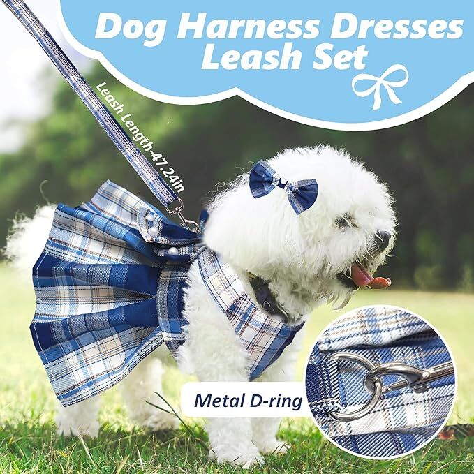 pet products Dog Dress Bowknot Harness Leash Set for Small Dogs Girl Cute Plaid Dog Dress Pearls Bow Tie Spring Summer Princess Clothes Birthday Holiday Doggie Outfits for Puppy Cats Girl Apparel - Factory Direct Shop