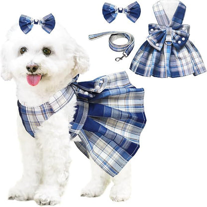 pet products Dog Dress Bowknot Harness Leash Set for Small Dogs Girl Cute Plaid Dog Dress Pearls Bow Tie Spring Summer Princess Clothes Birthday Holiday Doggie Outfits for Puppy Cats Girl Apparel - Factory Direct Shop