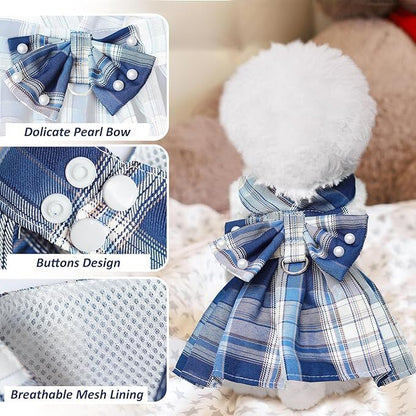pet products Dog Dress Bowknot Harness Leash Set for Small Dogs Girl Cute Plaid Dog Dress Pearls Bow Tie Spring Summer Princess Clothes Birthday Holiday Doggie Outfits for Puppy Cats Girl Apparel - Factory Direct Shop