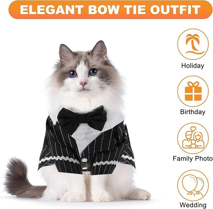 pet products Dog Cat Tuxedo Suit with Bow Tie - Formal Black & White Striped Pet Costume Shirt, Elegant Wedding Outfit Birthday Party Attire for Maltese Dachshund Yorkie Puppies Shih Tzu Small Medium Dogs and cats - Factory Direct Shop