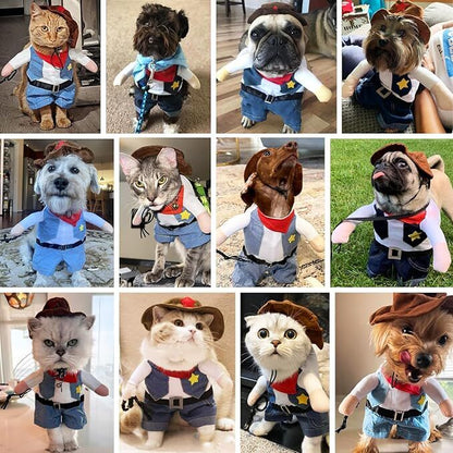 pet products Small Dog Cowboy Costume with Hat 2pcs Funny Halloween Chucky Costumes Cool West Cowboy Uniform Puppy Denim Overalls Western Cosplay Sheriff Outfits Cat Apparel - Factory Direct Shop