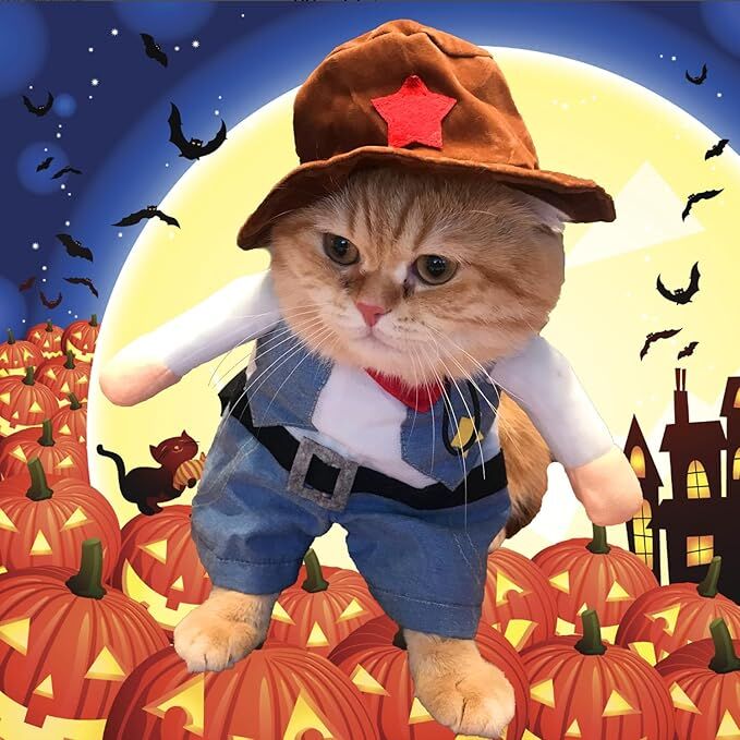 pet products Small Dog Cowboy Costume with Hat 2pcs Funny Halloween Chucky Costumes Cool West Cowboy Uniform Puppy Denim Overalls Western Cosplay Sheriff Outfits Cat Apparel - Factory Direct Shop