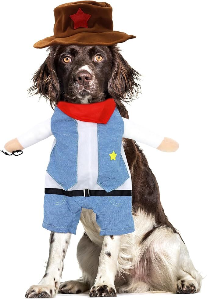 pet products Small Dog Cowboy Costume with Hat 2pcs Funny Halloween Chucky Costumes Cool West Cowboy Uniform Puppy Denim Overalls Western Cosplay Sheriff Outfits Cat Apparel - Factory Direct Shop