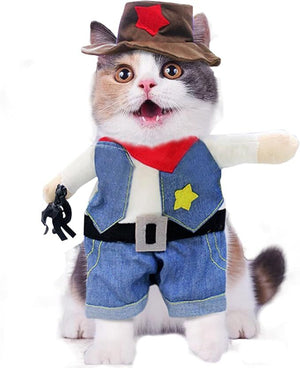 pet products Small Dog Cowboy Costume with Hat 2pcs Funny Halloween Chucky Costumes Cool West Cowboy Uniform Puppy Denim Overalls Western Cosplay Sheriff Outfits Cat Apparel - Factory Direct Shop