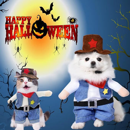 pet products Small Dog Cowboy Costume with Hat 2pcs Funny Halloween Chucky Costumes Cool West Cowboy Uniform Puppy Denim Overalls Western Cosplay Sheriff Outfits Cat Apparel - Factory Direct Shop