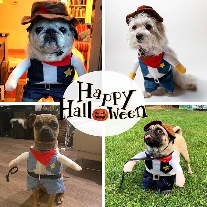 pet products Small Dog Cowboy Costume with Hat 2pcs Funny Halloween Chucky Costumes Cool West Cowboy Uniform Puppy Denim Overalls Western Cosplay Sheriff Outfits Cat Apparel - Factory Direct Shop