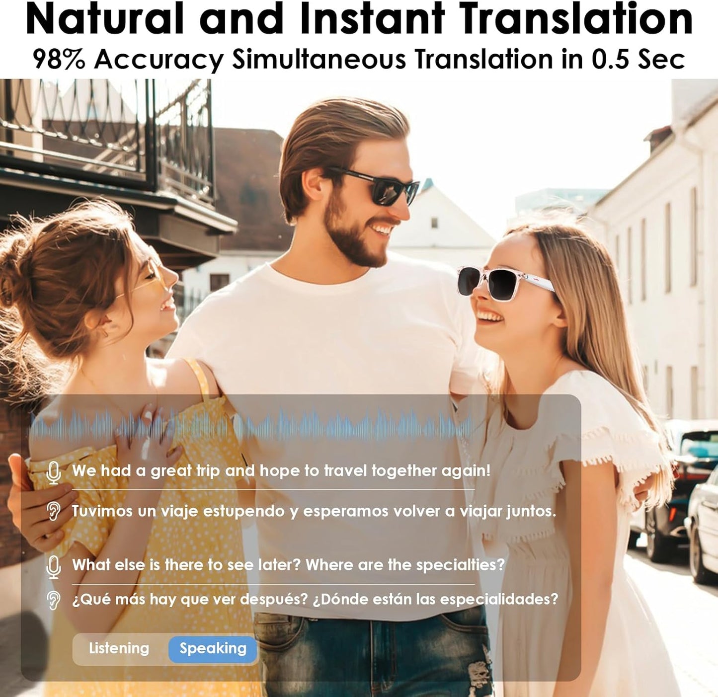 AI Smart Translation Sunglasses: UV400, Bluetooth, 110+ Languages, Voice Control – Ideal for Travel & Work (Pink)