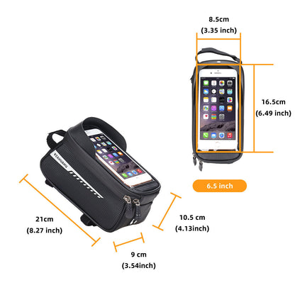 Black Waterproof Bike Frame Bag with Touchscreen & Reflective Details: 6.5" Phone Compatibility, Aussie Cyclist Essential
