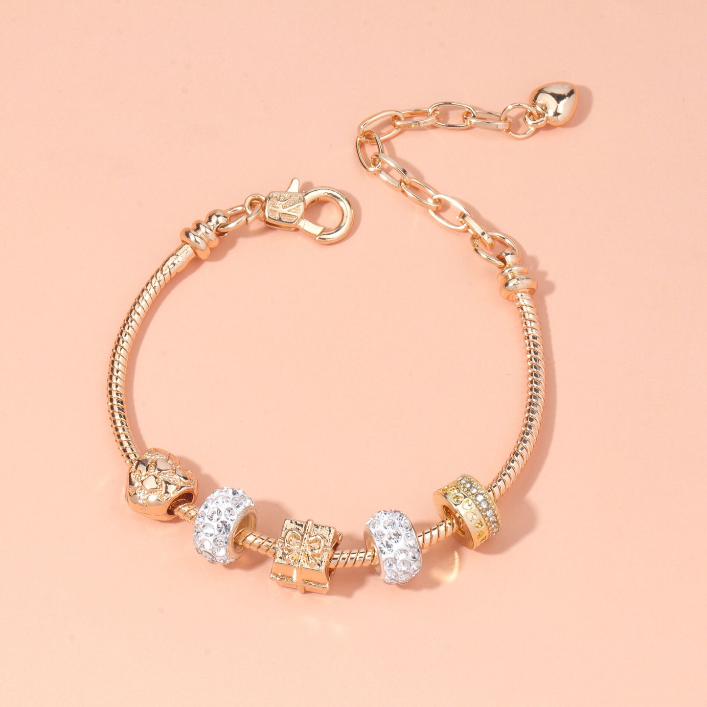 Rose Gold Crystal & Heart Charm Bracelet(rose gold,16cm)