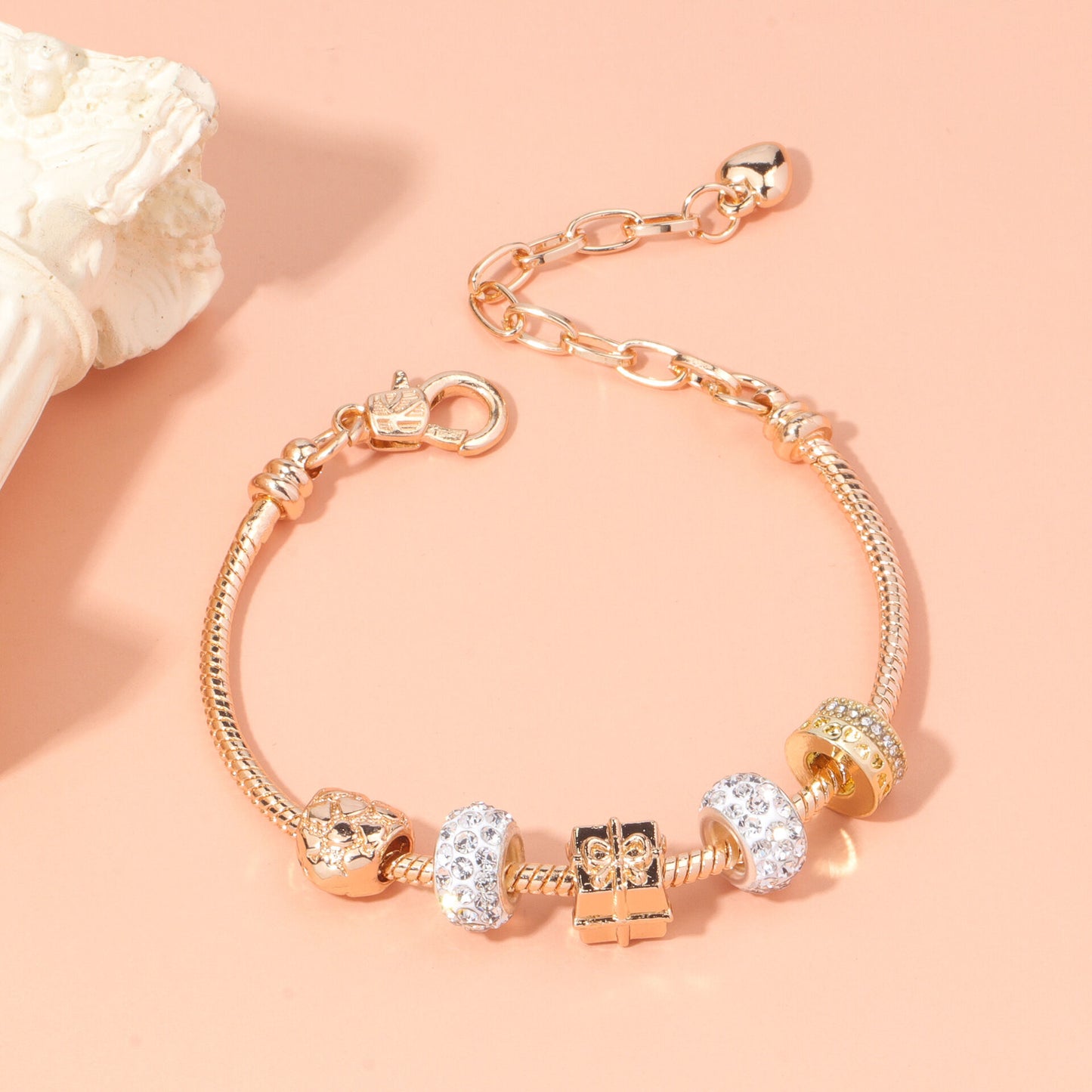 Rose Gold Crystal & Heart Charm Bracelet(rose gold,18cm)