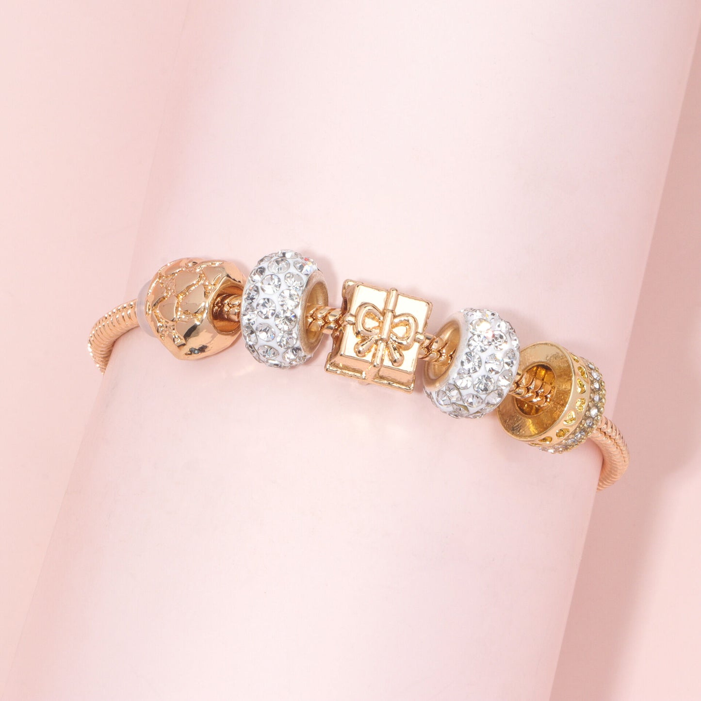 Rose Gold Crystal & Heart Charm Bracelet(rose gold,18cm)