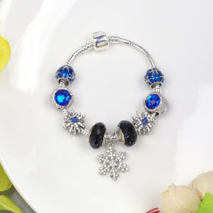 Rhinestone Blue Cat’s Eye Starry Glaze Beads Bracelet with Snowflake Pendant(20cm)