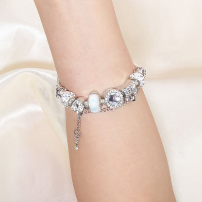 Rhinestone Cat's Eye Glass Bead Charm Bracelet - Heart Lock Pendant(20cm)