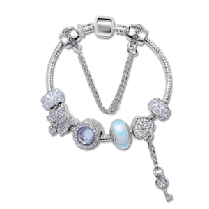 Rhinestone Cat's Eye Glass Bead Charm Bracelet - Heart Lock Pendant(21cm)
