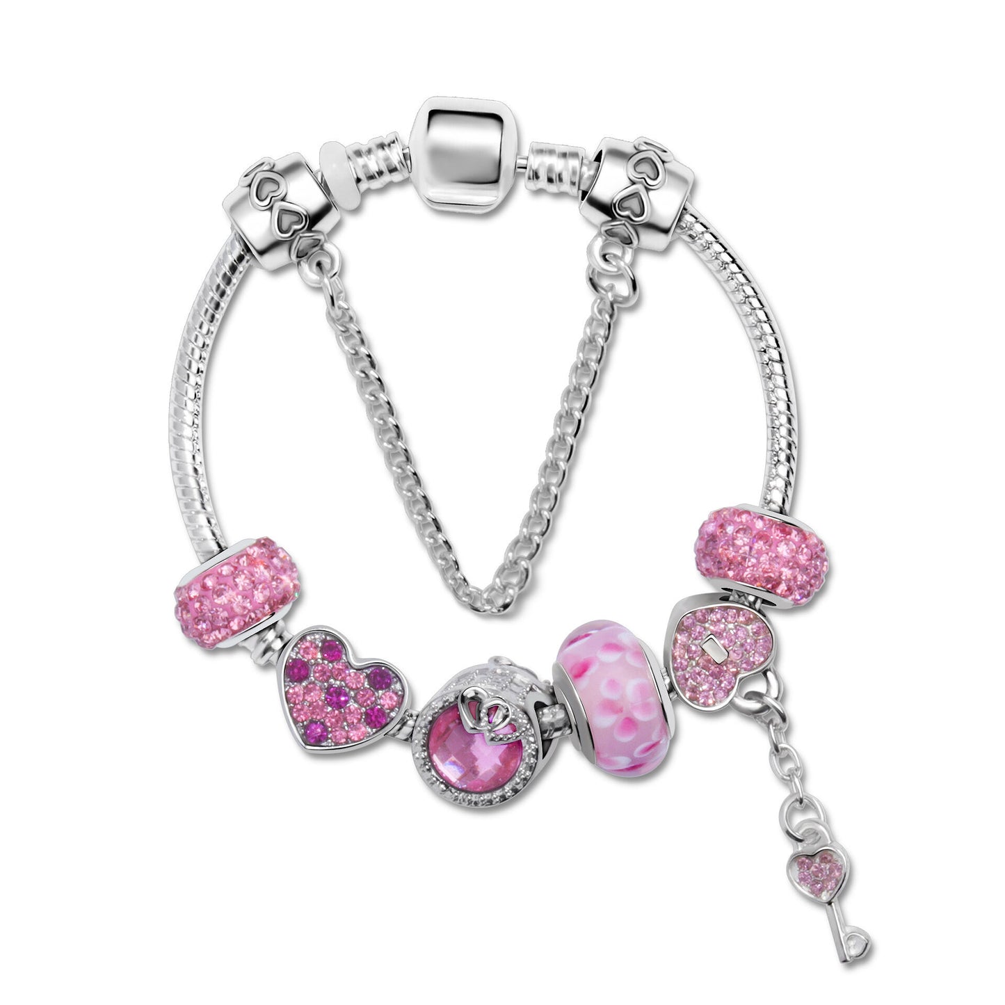 Rhinestone Heart & Bead Alloy Plated Bracelet with Happy Lock Pendant(16cm)