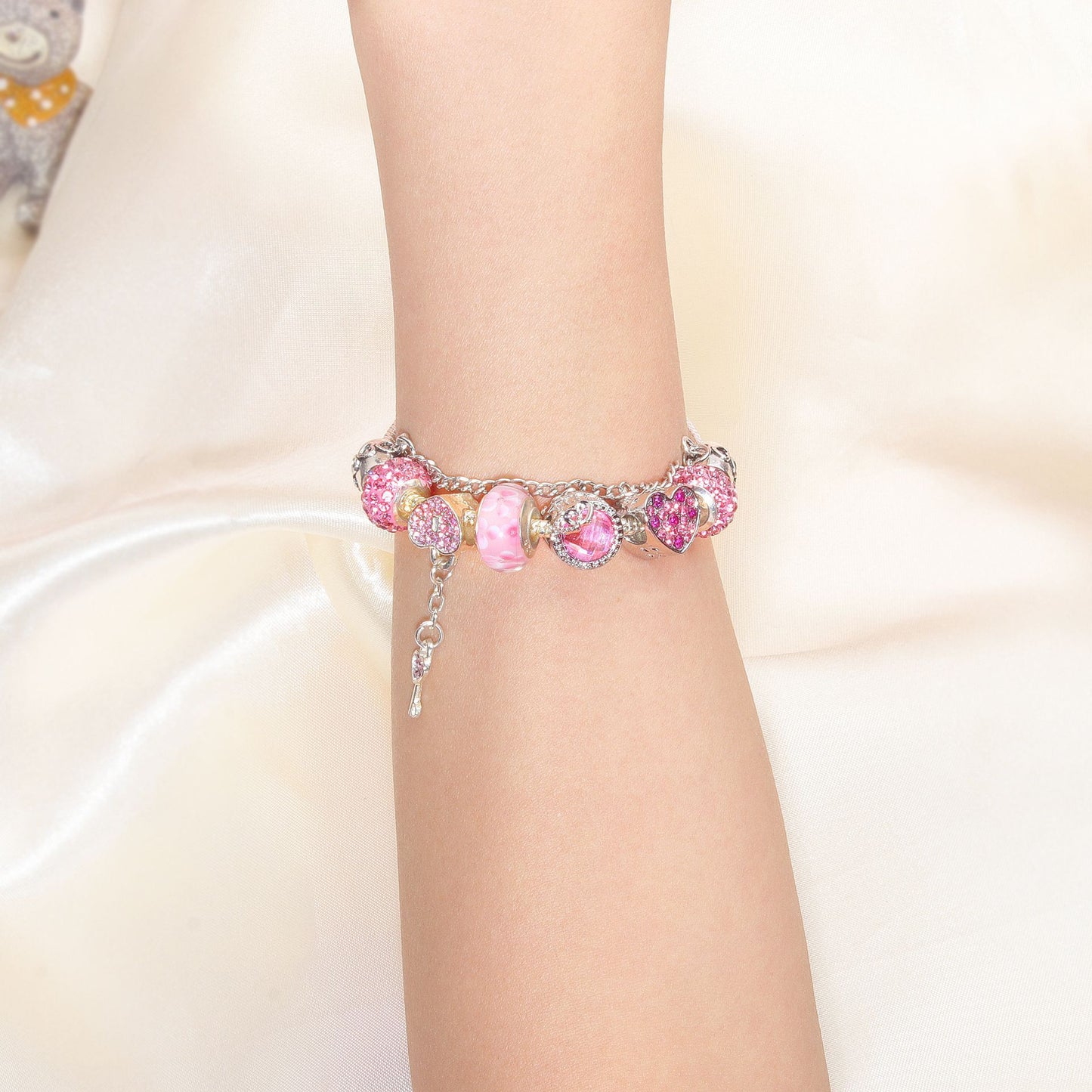 Rhinestone Heart & Bead Alloy Plated Bracelet with Happy Lock Pendant(16cm)