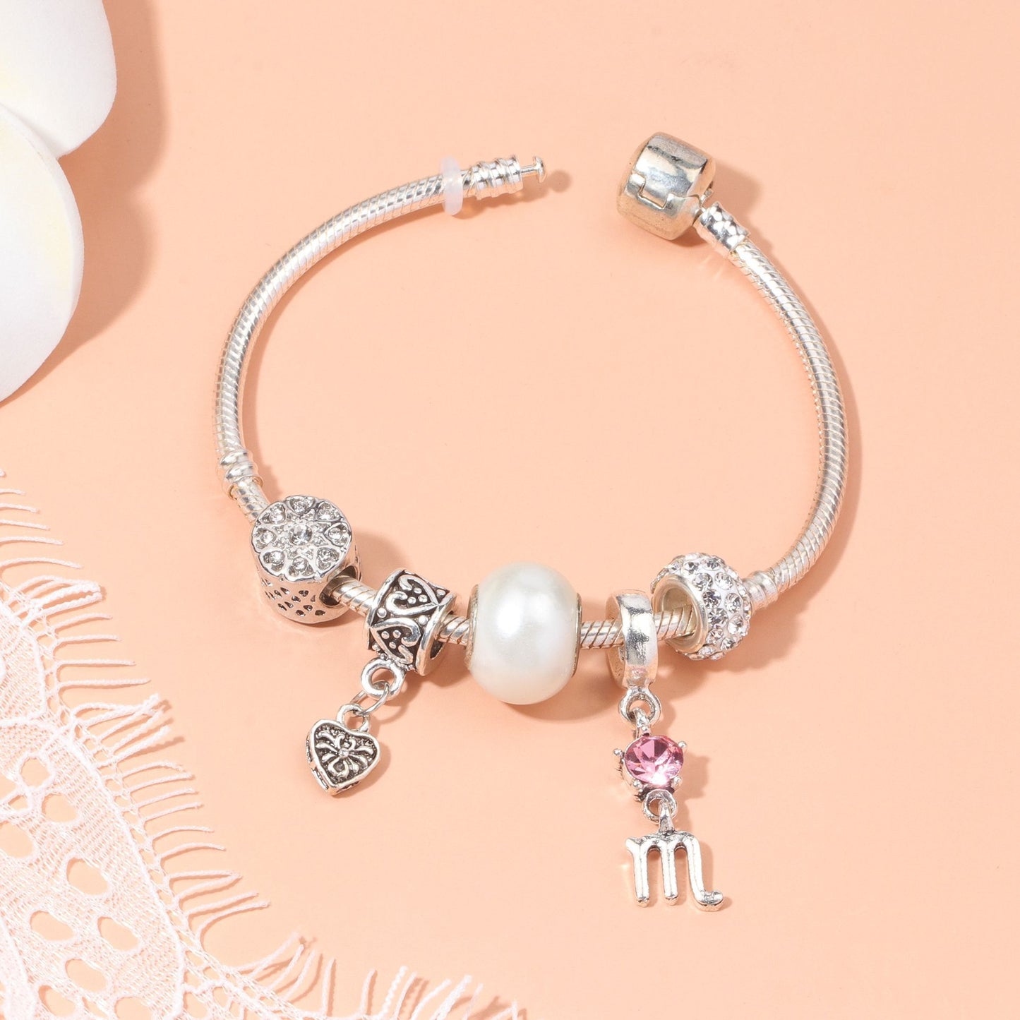 Constellation Heart Crystal Charm Bracelet(silver-toned,19cm)