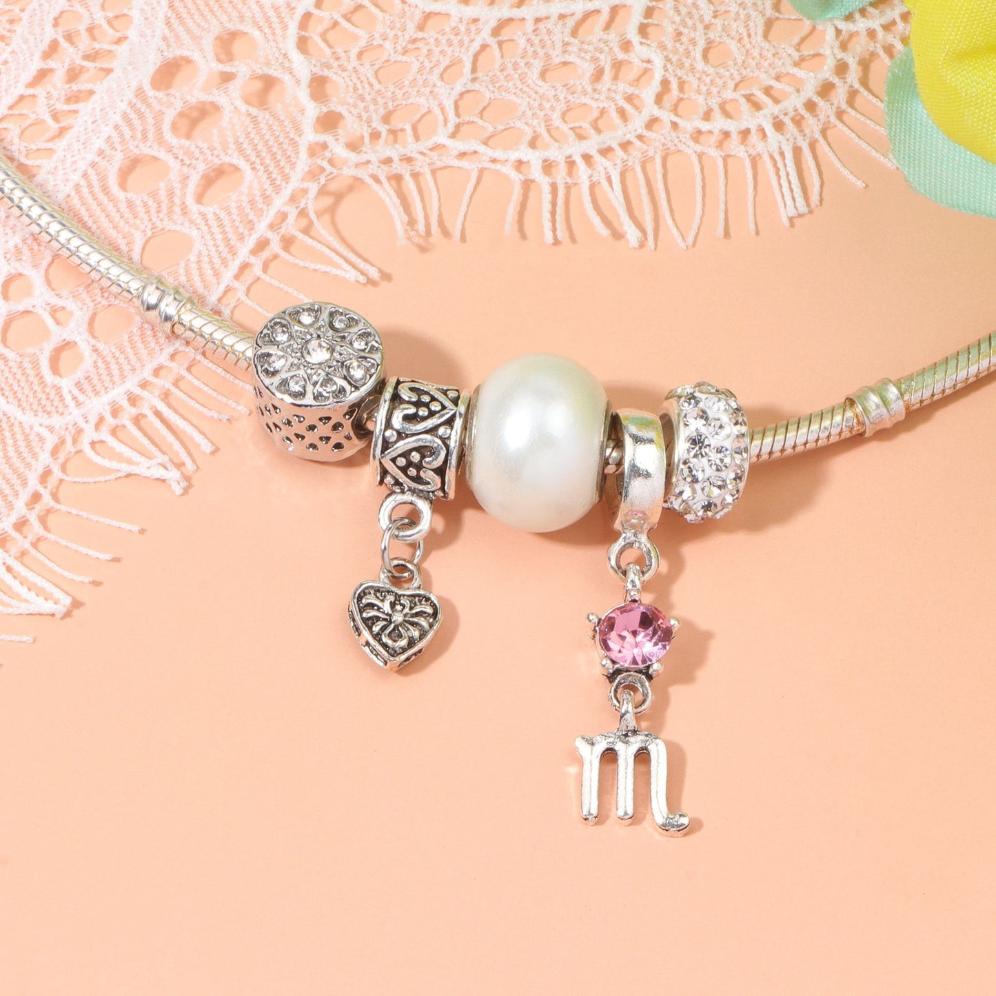 Constellation Heart Crystal Charm Bracelet(silver-toned,20cm)