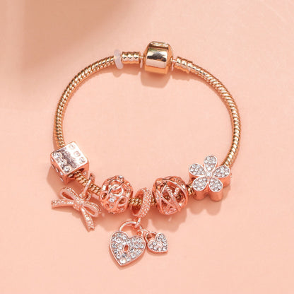 Hollow Out Crystal Flower Heart Bow Charm Bracelet(rose gold,17cm)