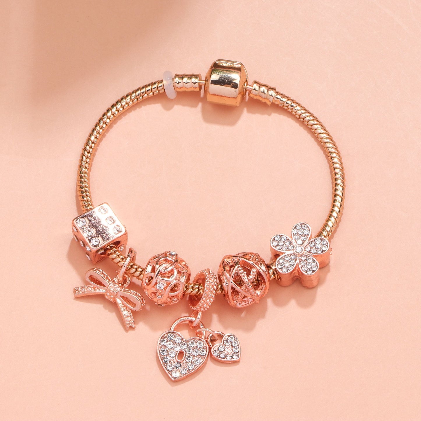 Hollow Out Crystal Flower Heart Bow Charm Bracelet(rose gold,18cm)