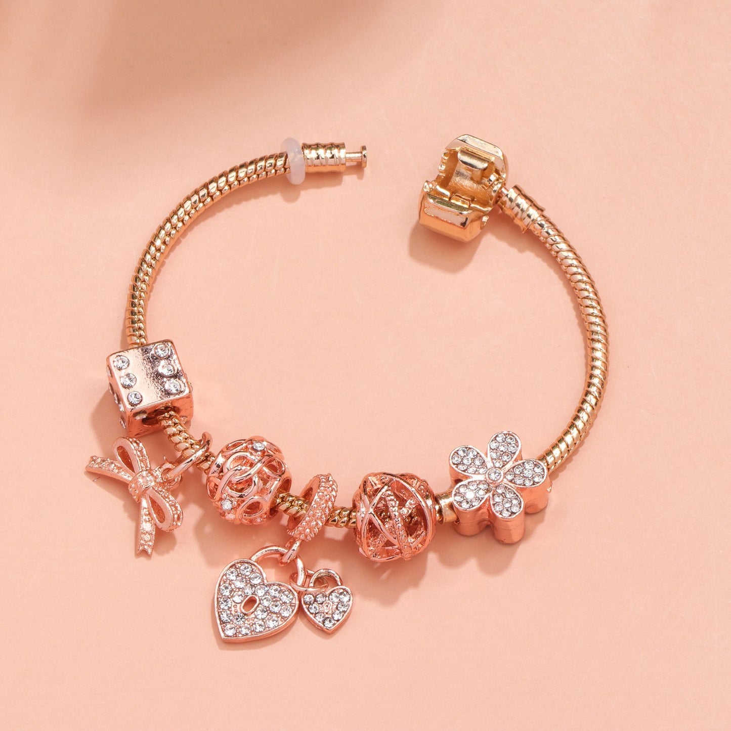 Hollow Out Crystal Flower Heart Bow Charm Bracelet(rose gold,19cm)