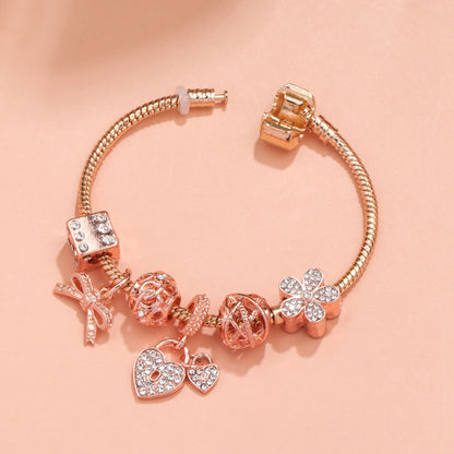 Hollow Out Crystal Flower Heart Bow Charm Bracelet(rose gold,19cm)