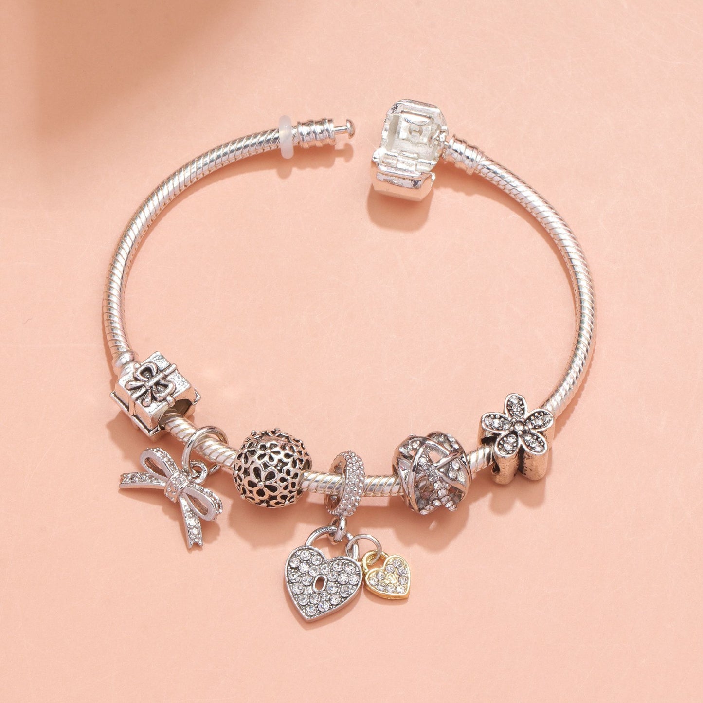 Hollow Out Crystal Flower Heart Bow Charm Bracelet(silver-toned,17cm)
