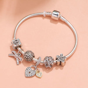 Hollow Out Crystal Flower Heart Bow Charm Bracelet(silver-toned,18cm)