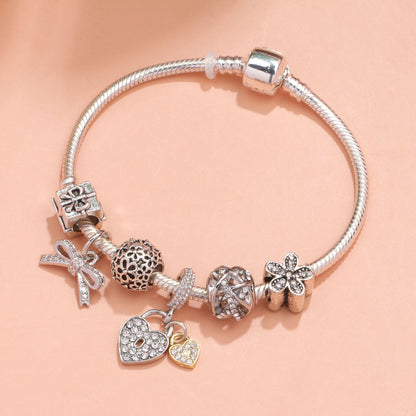Hollow Out Crystal Flower Heart Bow Charm Bracelet(silver-toned,18cm)