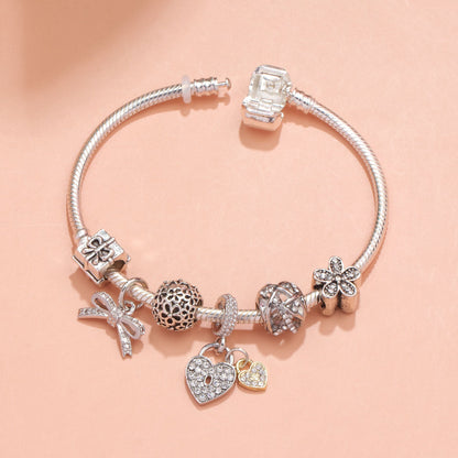 Hollow Out Crystal Flower Heart Bow Charm Bracelet(silver-toned,18cm)