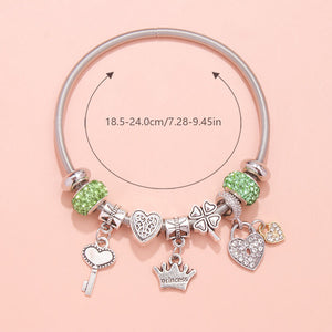 Charm Bracelet with Heart, Four-Leaf Clover & Rhinestone Beads(green)