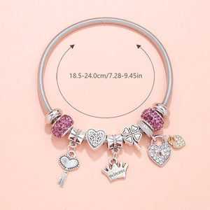 Charm Bracelet with Heart, Four-Leaf Clover & Rhinestone Beads(purple)