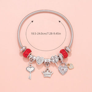 Charm Bracelet with Heart, Four-Leaf Clover & Rhinestone Beads(red)