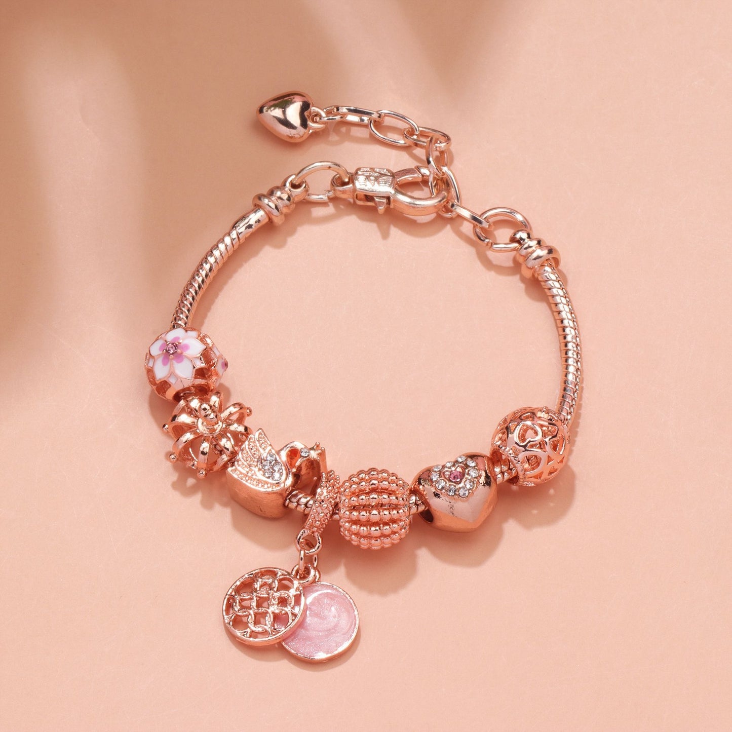 Hollow Crystal-Encrusted Swan Crown Flower Heart Bracelet(rose gold,19cm)