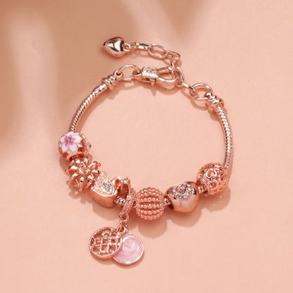 Hollow Crystal-Encrusted Swan Crown Flower Heart Bracelet(rose gold,20cm)