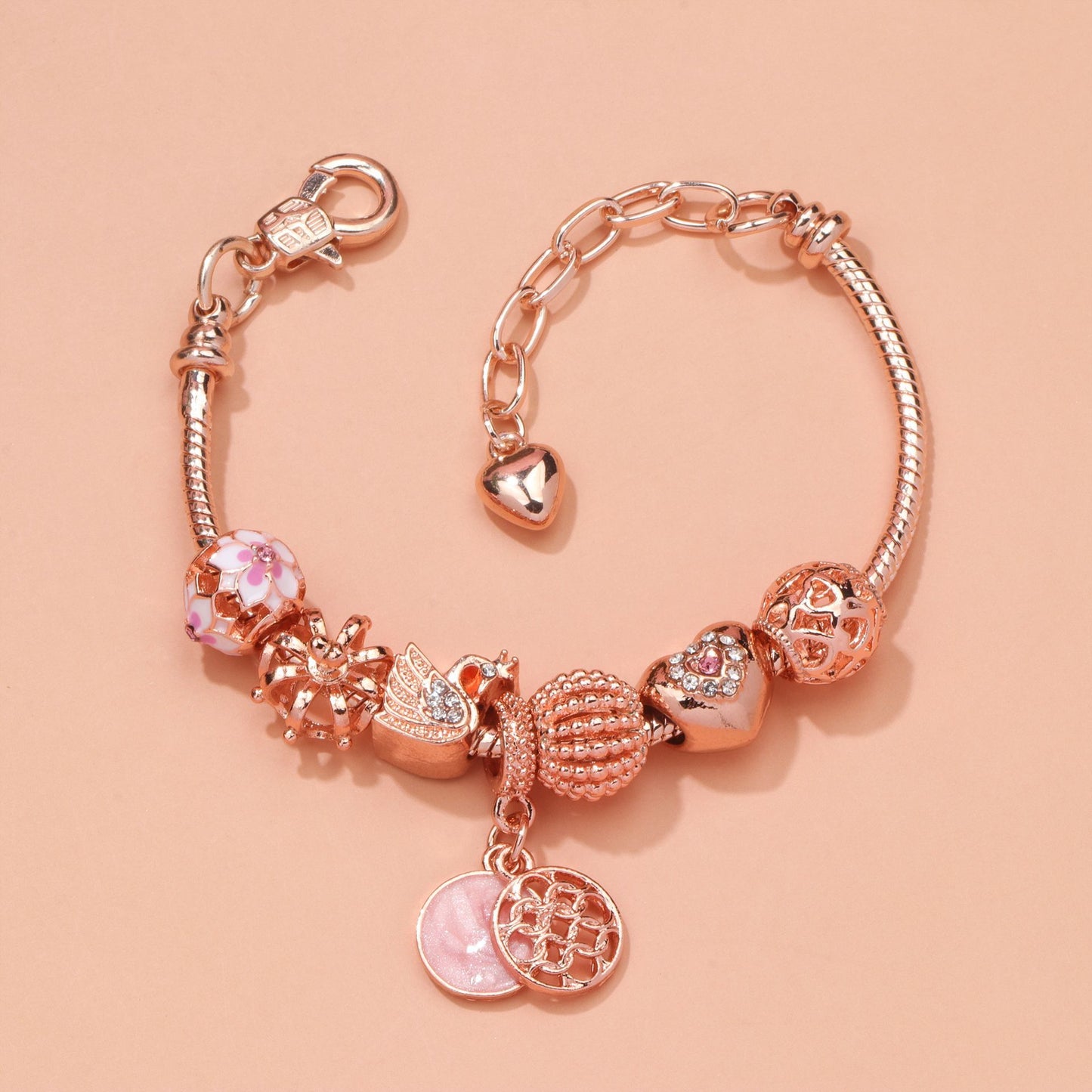 Hollow Crystal-Encrusted Swan Crown Flower Heart Bracelet(rose gold,20cm)