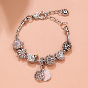 Hollow Crystal-Encrusted Swan Crown Flower Heart Bracelet(silver,17cm)