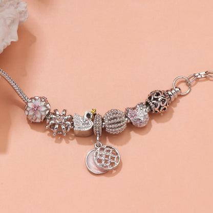 Hollow Crystal-Encrusted Swan Crown Flower Heart Bracelet(silver,18cm)