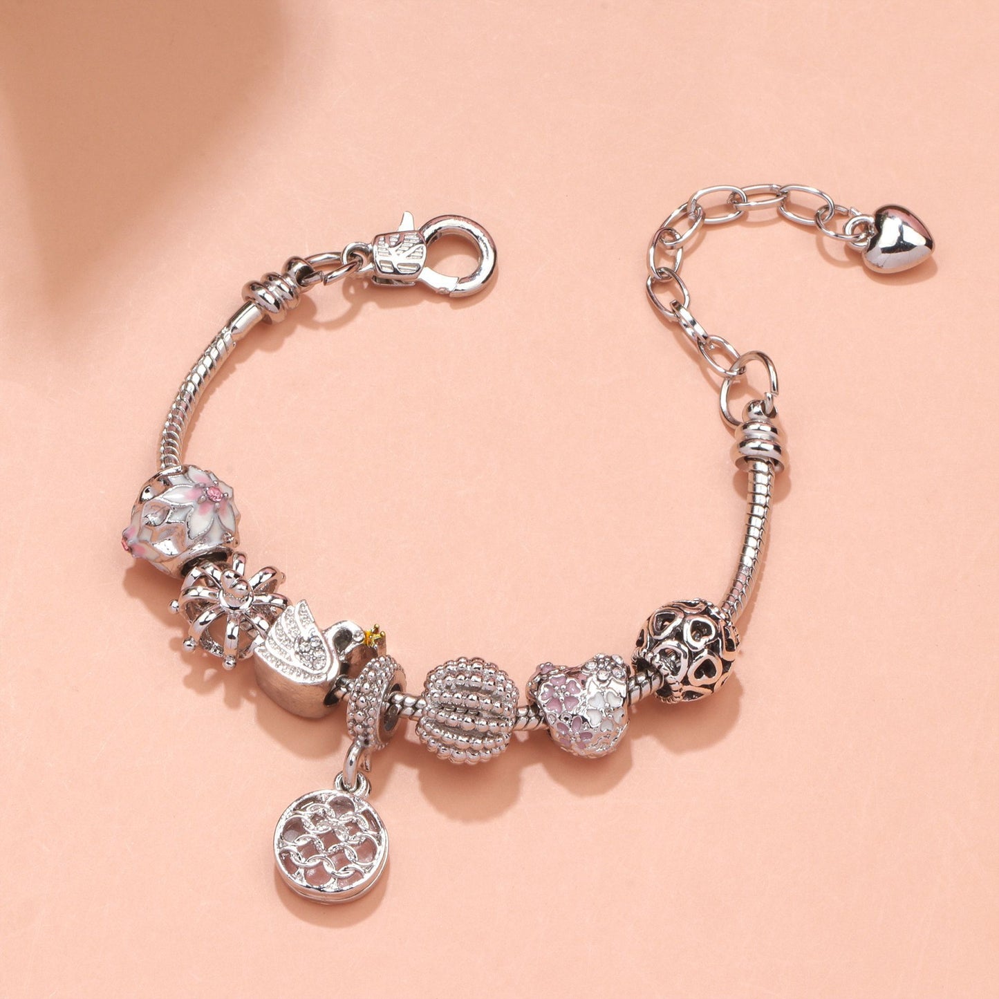 Hollow Crystal-Encrusted Swan Crown Flower Heart Bracelet(silver,19cm)