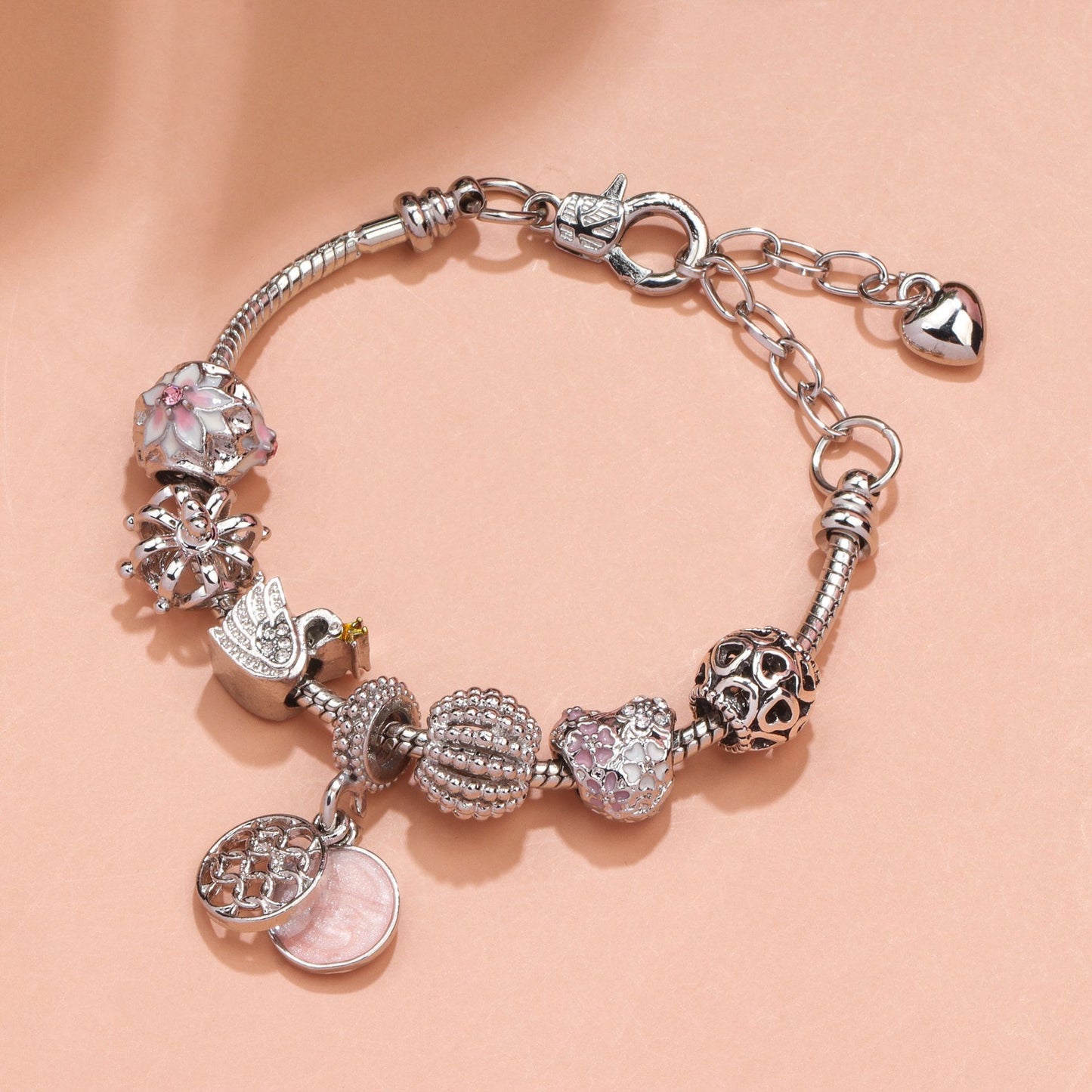Hollow Crystal-Encrusted Swan Crown Flower Heart Bracelet(silver,20cm)