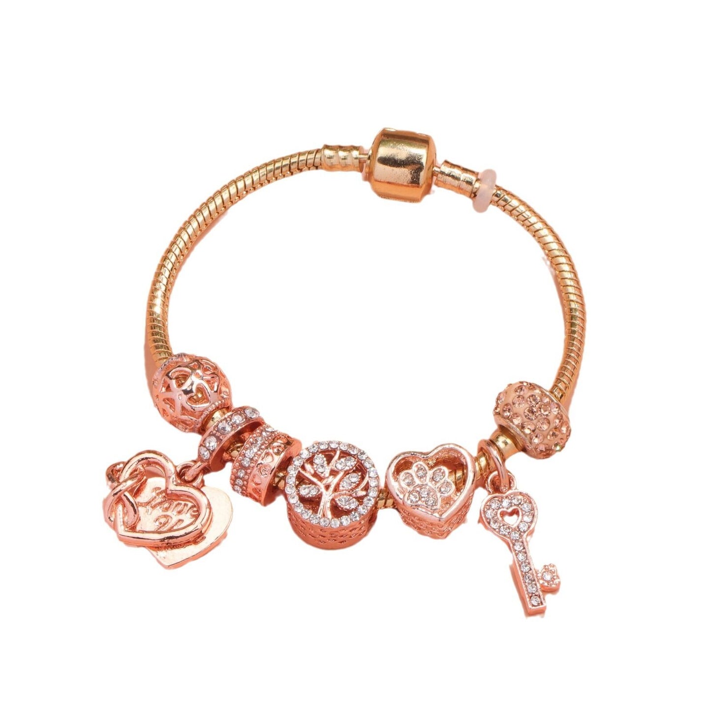 Crystal-studded Hollow Heart Key Tree of Life Bracelet(rose gold,18cm)