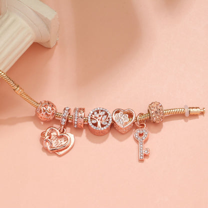 Crystal-studded Hollow Heart Key Tree of Life Bracelet(rose gold,18cm)