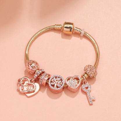 Crystal-studded Hollow Heart Key Tree of Life Bracelet(rose gold,18cm)